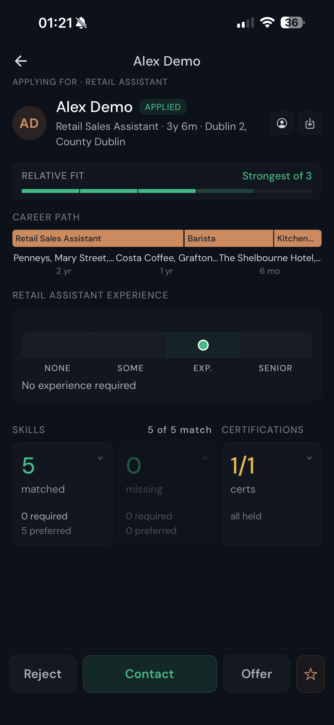 Applicant detail, Alex Demo, 5 of 5 skills match