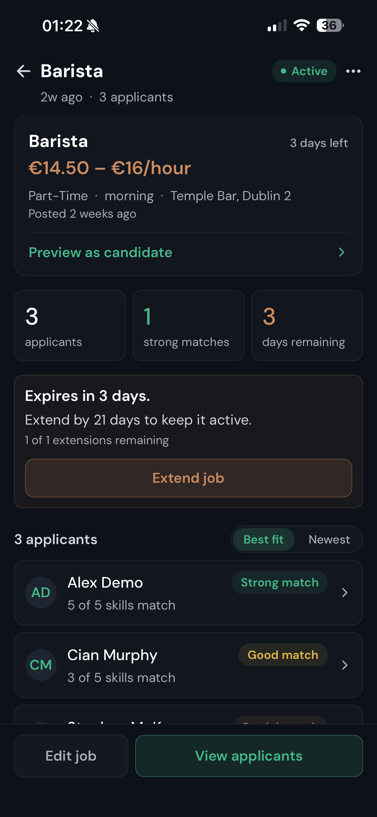 Employer view, Barista job, 3 applicants ranked by fit